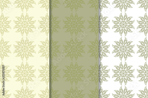 Set of pale olive green floral backgrounds. Seamless patterns