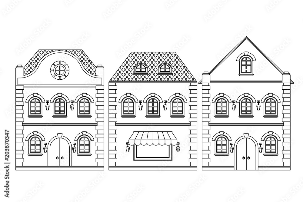 Houses. Old european buildings. Outline drawing