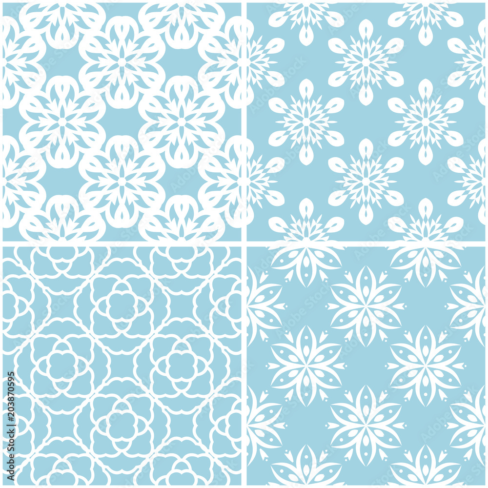 Floral patterns. Set of blue and white seamless backgrounds Floral patterns. Set of blue and white seamless backgrounds