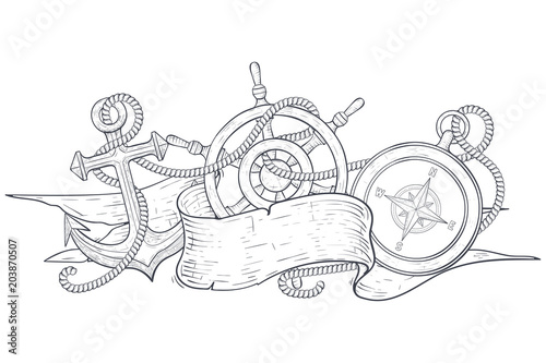 Anchor, steering wheel and compass, tangled with rope and ribbon banner. Hand drawn sketch