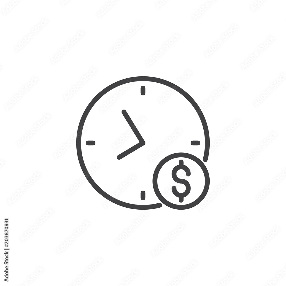 Time is money outline icon. linear style sign for mobile concept and web design. Coin dollar and clock simple line vector icon. Symbol, logo illustration. Pixel perfect vector graphics Time is money outline icon. linear style sign for mobile concept and web design. Coin dollar and clock simple line vector icon. Symbol, logo illustration. Pixel perfect vector graphics