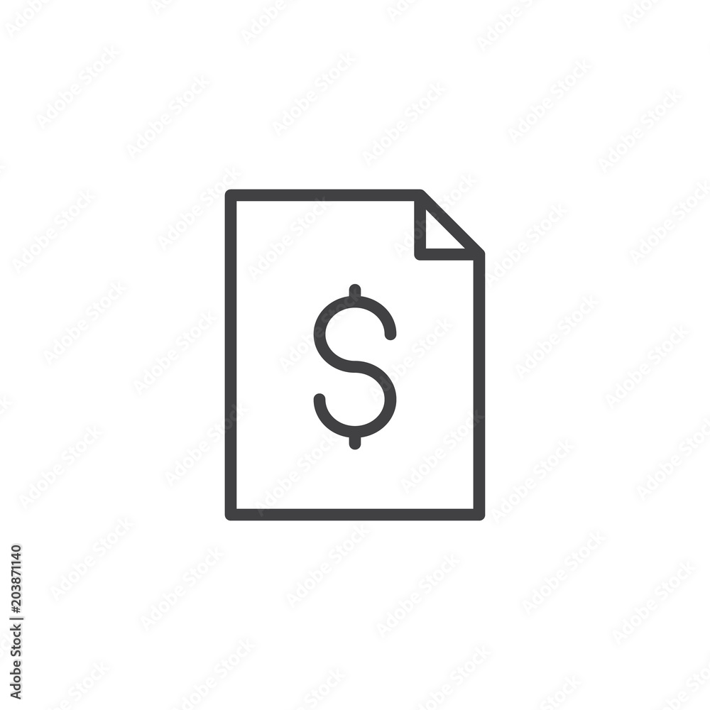 Dollar file document outline icon. linear style sign for mobile concept and web design. Account statement simple line vector icon. Symbol, logo illustration. Pixel perfect vector graphics Dollar file document outline icon. linear style sign for mobile concept and web design. Account statement simple line vector icon. Symbol, logo illustration. Pixel perfect vector graphics