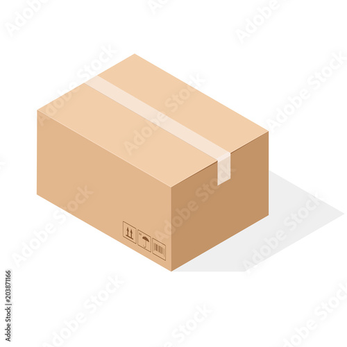 Brown paper cardboard box sealed with tape. Isometric style