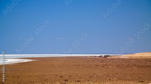 Panorama view to saline Barsa Kelmes lake and Ustyurt plateau in Karakalpakstan  Uzbekistan