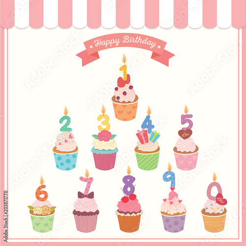 Illustration vector of Birthday cupcakes design decorated with number candles for party.