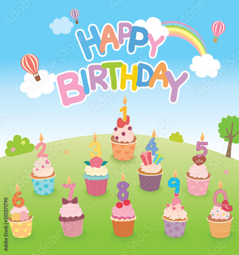 Birthday cupcakes design decorated with number candles on natural background party.
