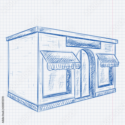 Store front. Blue hand drawn sketch on lined paper background