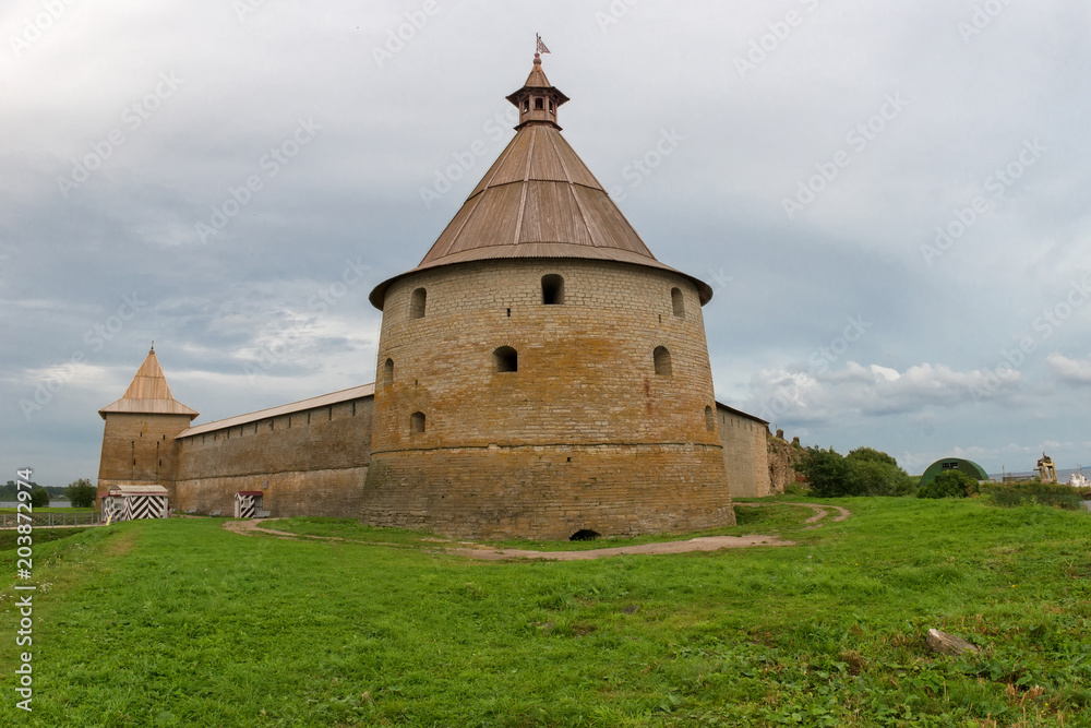 The Golovkina Tower of the Fortress of Oreshek. Fortress in the source of the Neva River, Russia, Shlisselburg:  Medieval Russian defensive structure and political prison. 