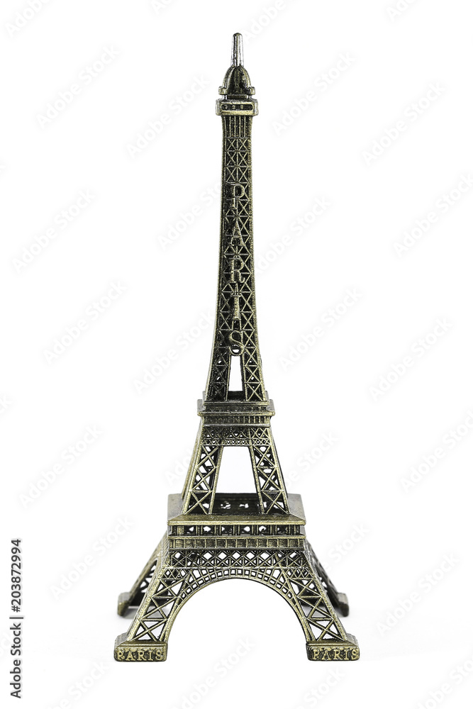 Miniature Eiffel Tower of Paris a famous symbol France with white background.