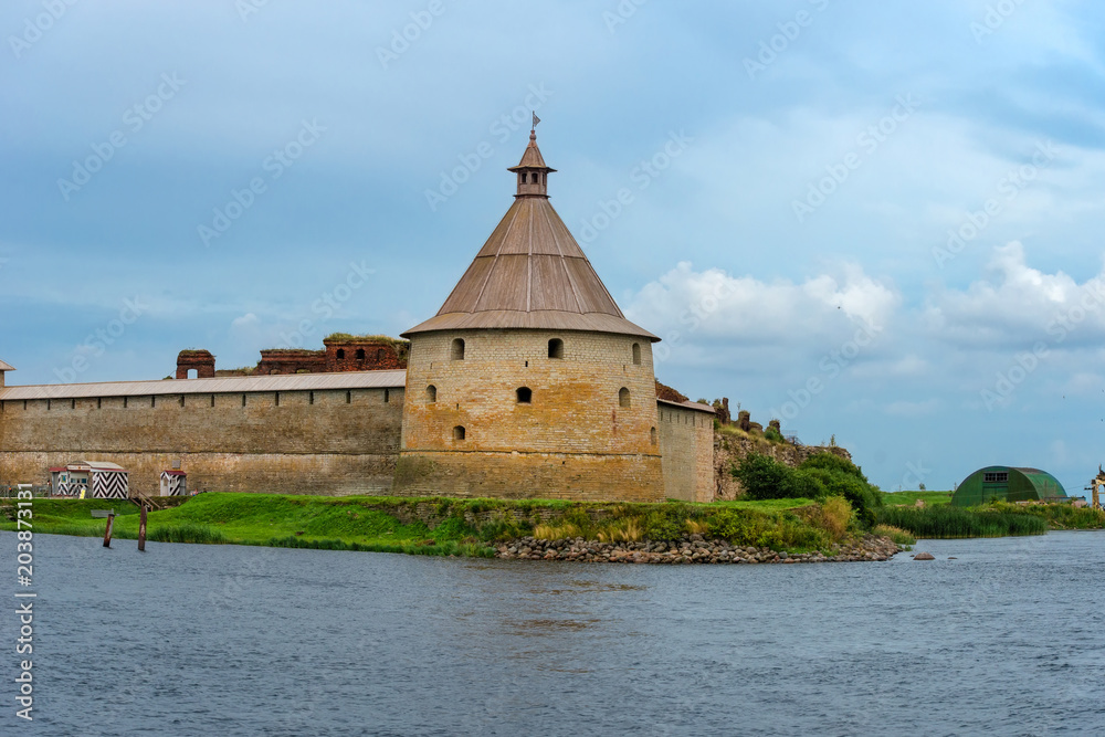 The Golovkina Tower of the Fortress of Oreshek. Fortress in the source of the Neva River, Russia, Shlisselburg:  Medieval Russian defensive structure and political prison.