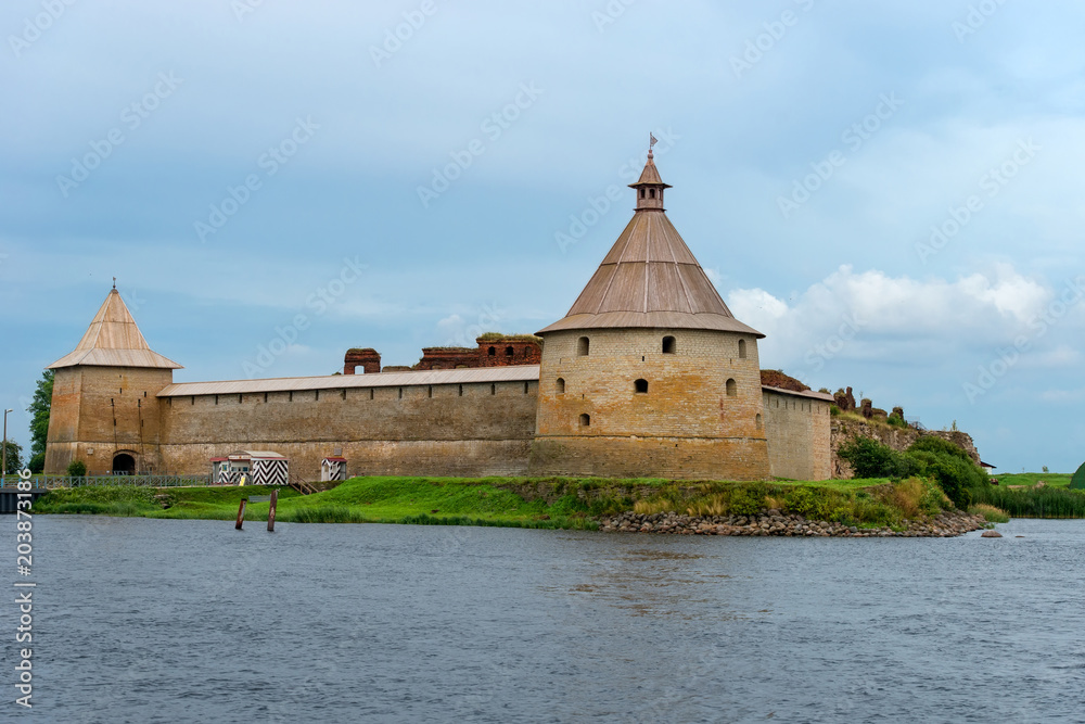 The Golovkina Tower of the Fortress of Oreshek. Fortress in the source of the Neva River, Russia, Shlisselburg:  Medieval Russian defensive structure and political prison.