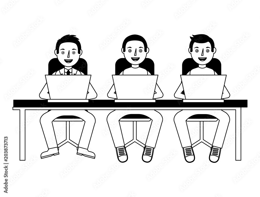 mens with desk and laptop computer vector illustration design