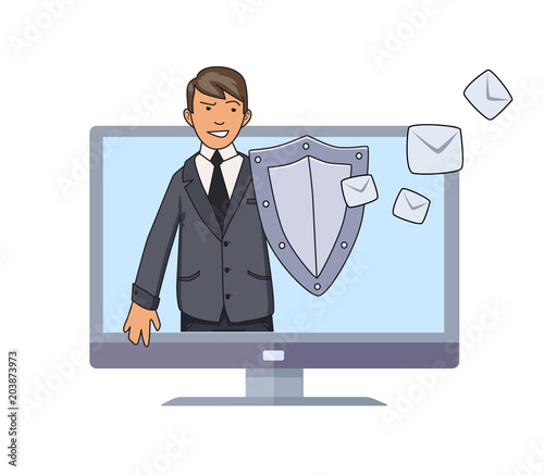 Antispam defender. Man with a shield protecting himself from unwanted mail on computer screen. Concept vector illustration. Flat style. Isolated on white background.