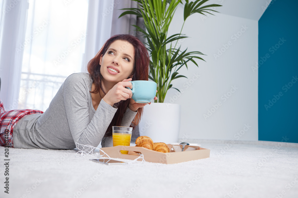 beautiful woman having breakfast in the home bed beautiful woman having breakfast in the home bed