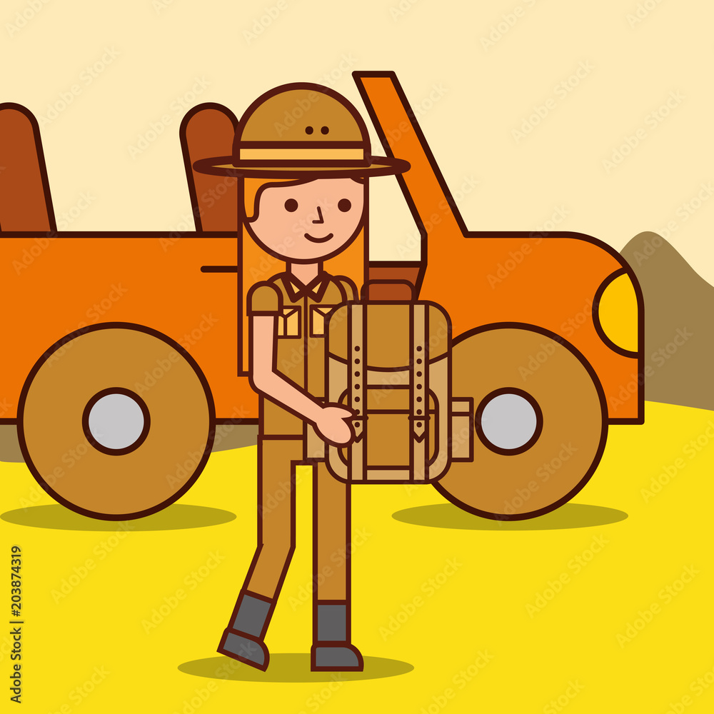 happy girl explorer safari rucksack and jeep car vector illustration
