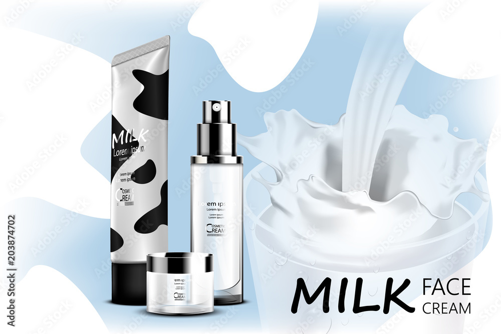 Luxury cosmetic Bottle package skin care cream, Beauty cosmetic product poster, with milk splash background Luxury cosmetic Bottle package skin care cream, Beauty cosmetic product poster, with milk splash background