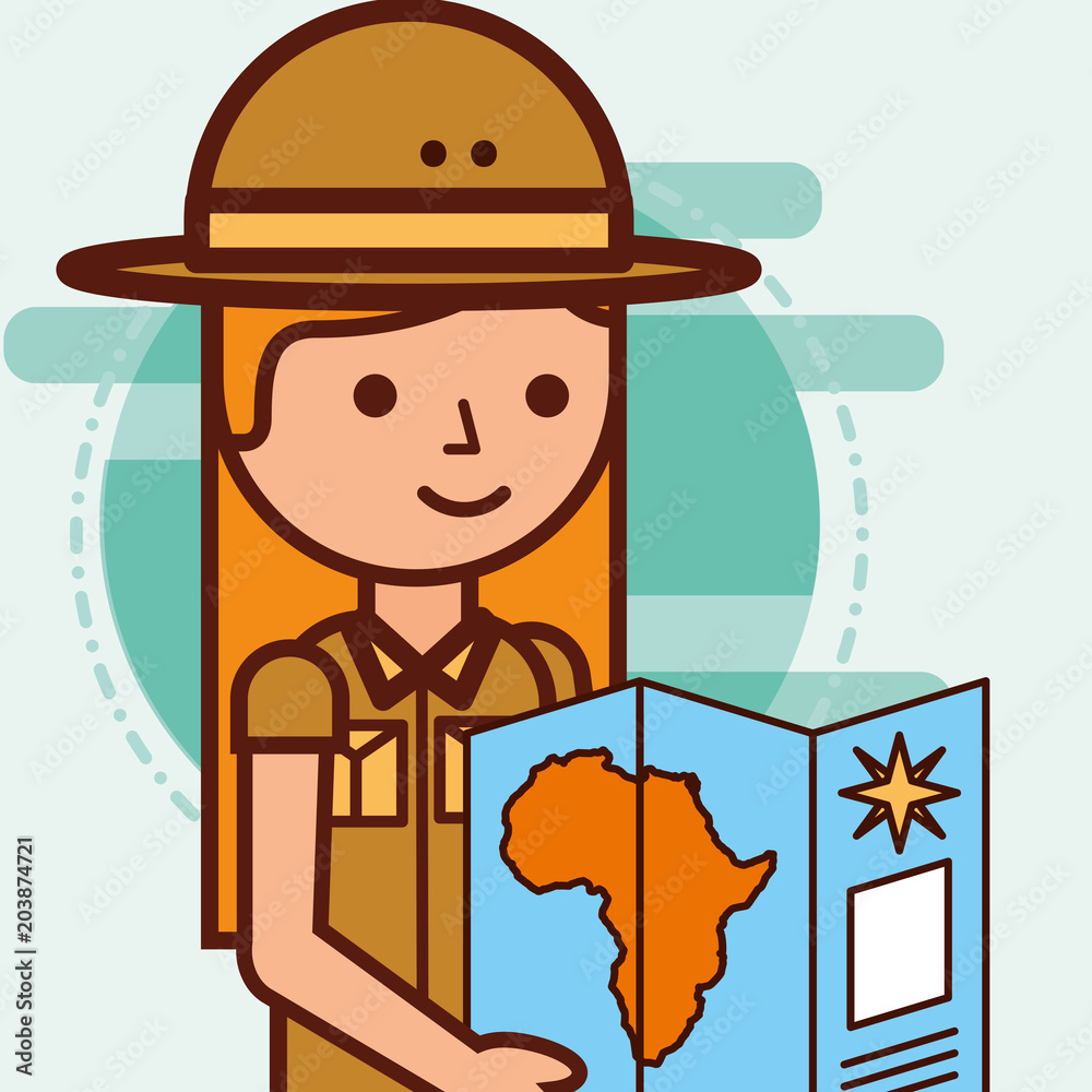 safari girl explorer looking african map travel vector illustration