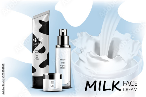 Luxury cosmetic Bottle package skin care cream, Beauty cosmetic product poster, with milk splash background