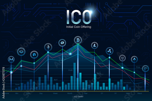 ICO, Initial Coin Offering. Digital electronic binary money financial concept. Bitcoin currency exchange on fin tech virtual screen interface, statistic graph and chart for investment.