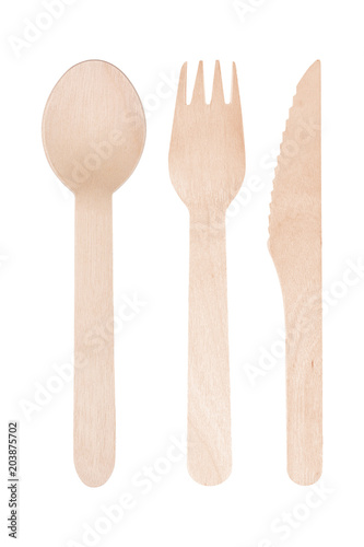 Wooden knife, fork and spoon isolated on white background