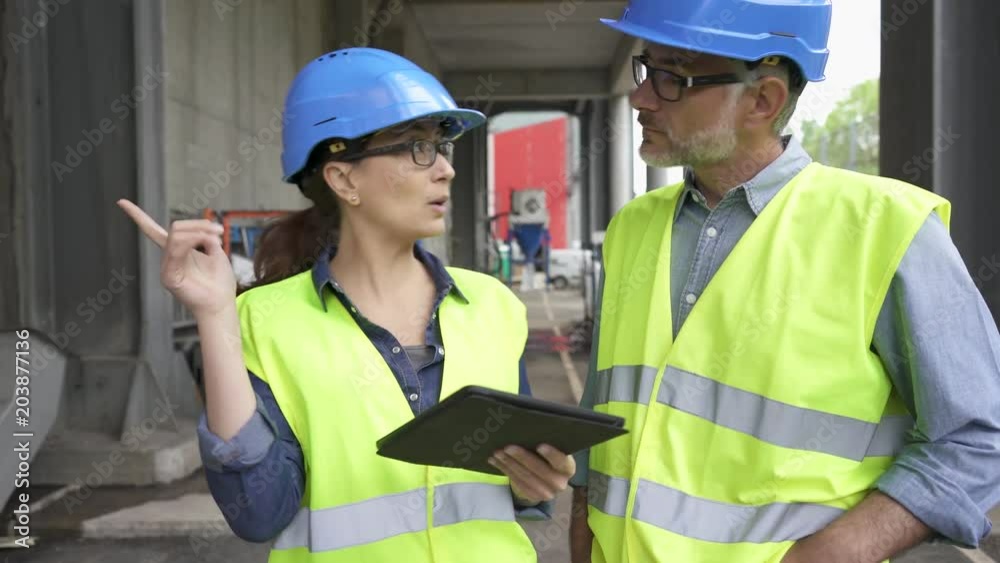 Recycling industry workers using tablet outside factory