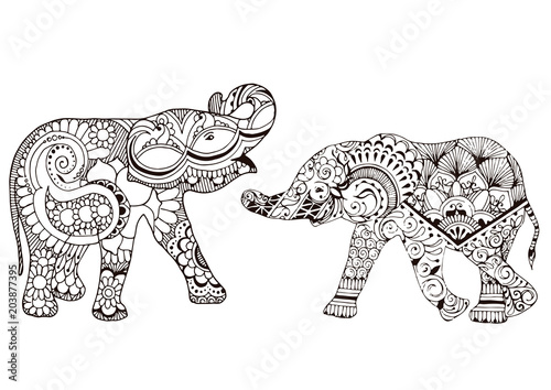 Two elephants decorated with Indian patterns. Ornate patterns in the style of mehndi.