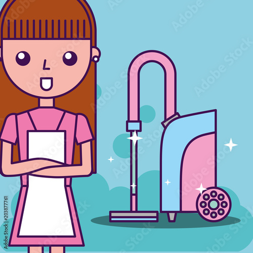 laundry cleaner girl cartoon vaccum machine appliance vector illustration