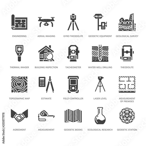 Geodetic survey engineering vector flat glyph icons. Geodesy equipment, tacheometer, theodolite. Geological research, building measurements. Construction signs. Solid silhouette pixel perfect 64x64.