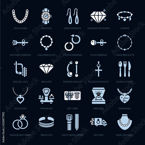 Jewelry flat glyph icons, jewellery store signs. Jewels accessories - gold engagement rings, gem earrings, silver chain, necklaces, brilliants. Solid silhouette pixel perfect 64x64.