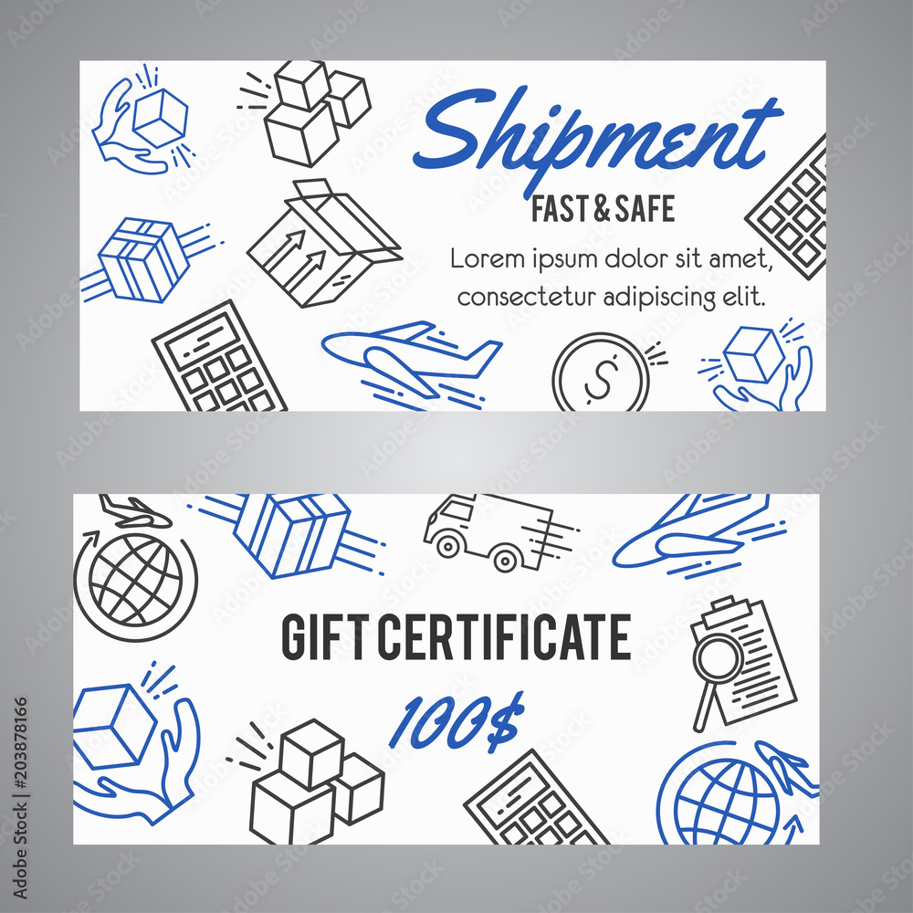 Delivery and shipment gift certificate. Shipping coupon. Logistic service promo banner. Line art vector