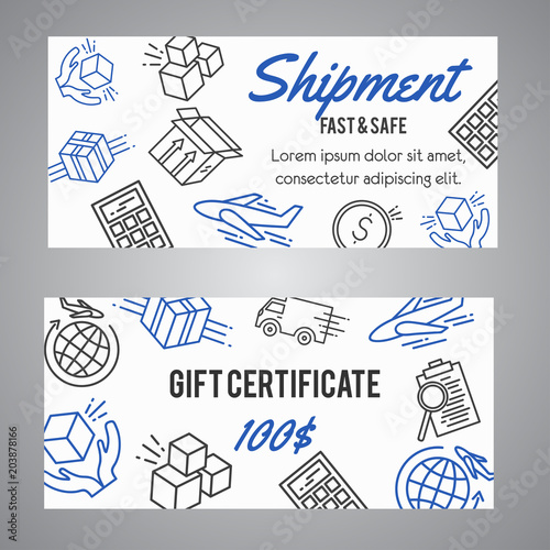 Delivery and shipment gift certificate. Shipping coupon. Logistic service promo banner. Line art vector