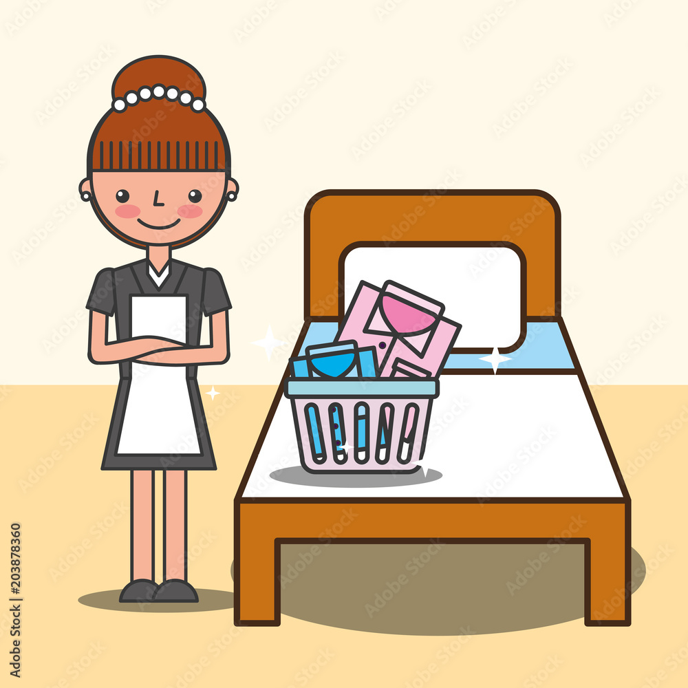 hotel service maid girl laundry basket in bed vector illustration