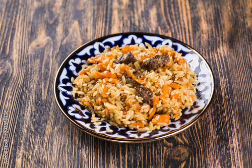Traditional oriental pilaf. Central Asian cuisine.