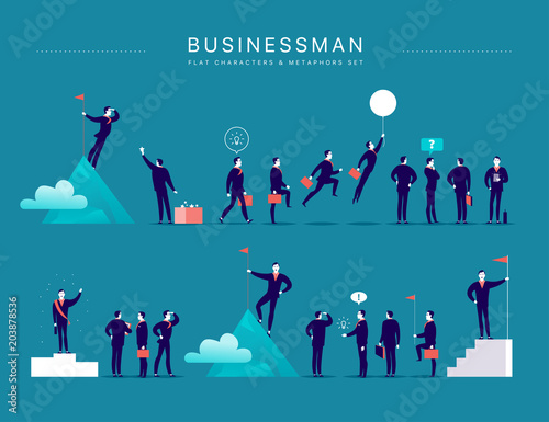 Vector flat illustration with businessman office characters & metaphors isolated on blue background. Concepts portraits for different business situations - leadership, idea, achievement, aspirations.