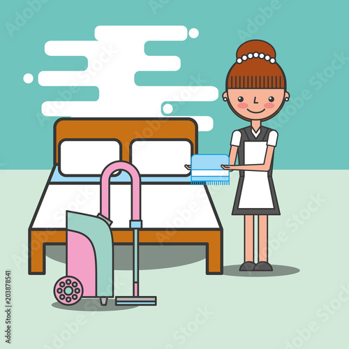 female maid holding clean towel vaccum machine in room hotel vector illustration