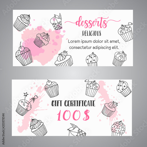 Cupcake gift certificate with handdrawn cupcakes and pink splashes. Coupon with desserts. Promo banner for bakery. Voucher template Vector