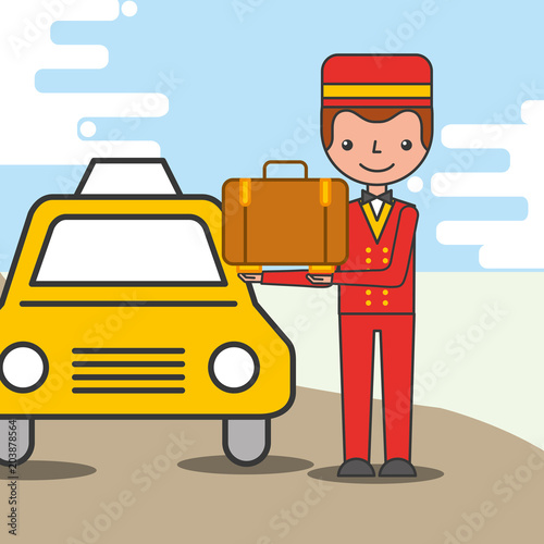 hotel service taxi cab bellboy with suitcase vector illustration