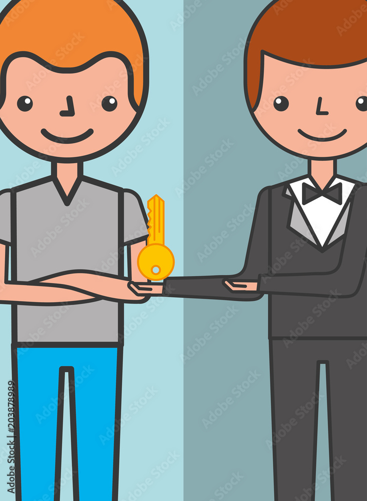 hotel manager man giving room key at customer vector illustration hotel manager man giving room key at customer vector illustration