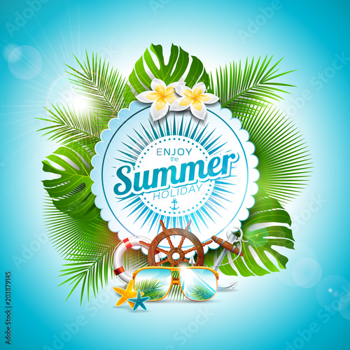 Vector Enjoy the Summer Holiday typographic illustration on white badge and tropical plants background. Flower, sunglasses and marine elements with blue sky. Design template for banner, flyer