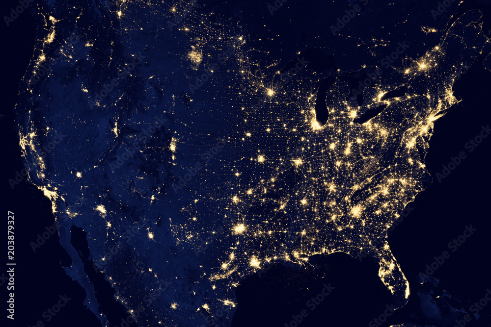 Satellite view of the night lights of the cities of United States. Elements of this image furnished by NASA - obrazy, fototapety, plakaty 