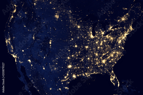 Satellite view of the night lights of the cities of United States. Elements of this image furnished by NASA