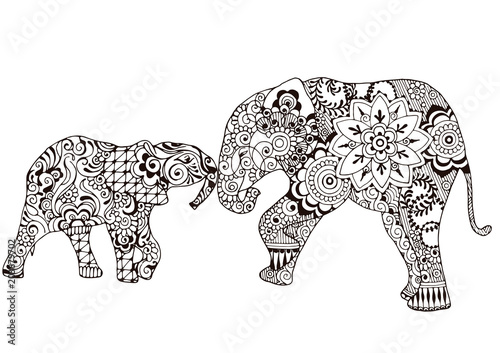 Two elephants decorated with Indian patterns. Ornate patterns in the style of mehndi.