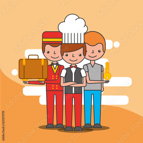 hotel waiter bellboy and customer character professional vector illustration