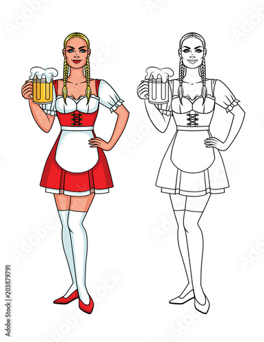 Vector set of colorful and line illustration of a pretty cute waitress with a mug of bear. Cute Character of pretty waitress from oktoberfest festival
