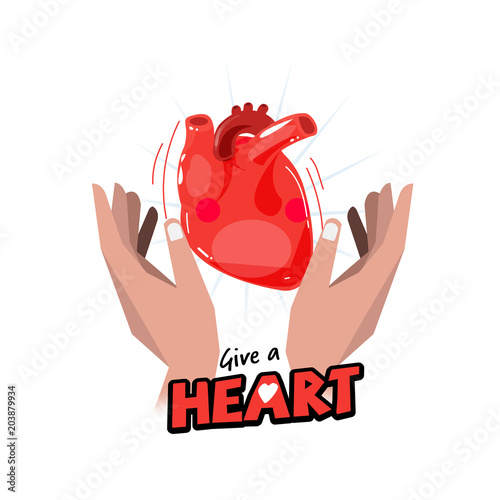 Hand with Human heart. hope and organ donation concept. logotype for header design - vector