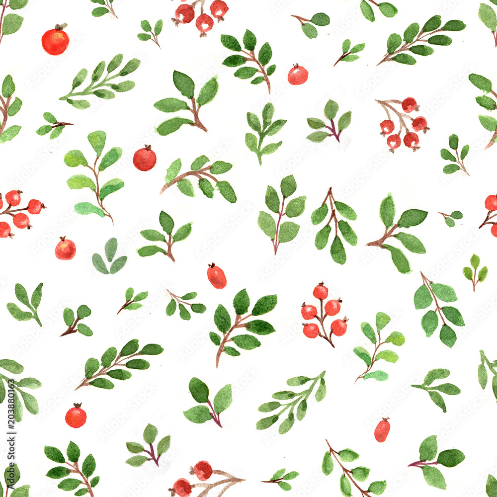 Watercolor seamless pattern with green leaves and red berries