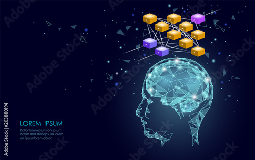 Isometric artificial intelligence human brain neural network business concept. Blue glowing personal information data connection future technology. 3D infographic vector illustration