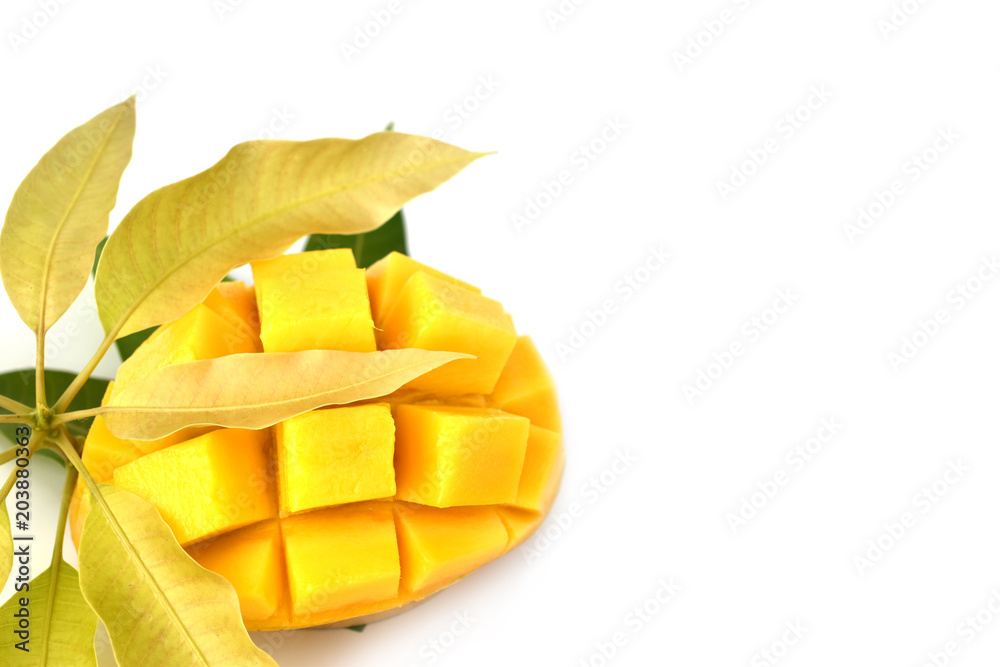 Mango fruit with leaf isolated white background Mango fruit with leaf isolated white background