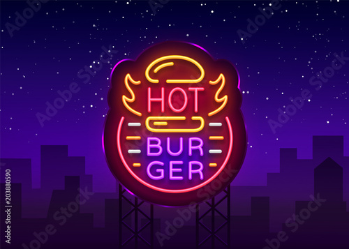 Hot Burger neon sign. Fastfood burger sandwich neon style logo, bright banner, design template, night neon advertising for dining, cafe, restaurant, snack bar, street food. Vector. Billboard