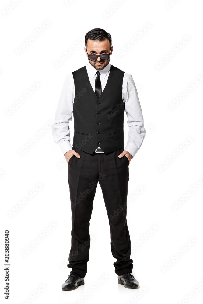 man in black suit on white background. man in black suit on white background.